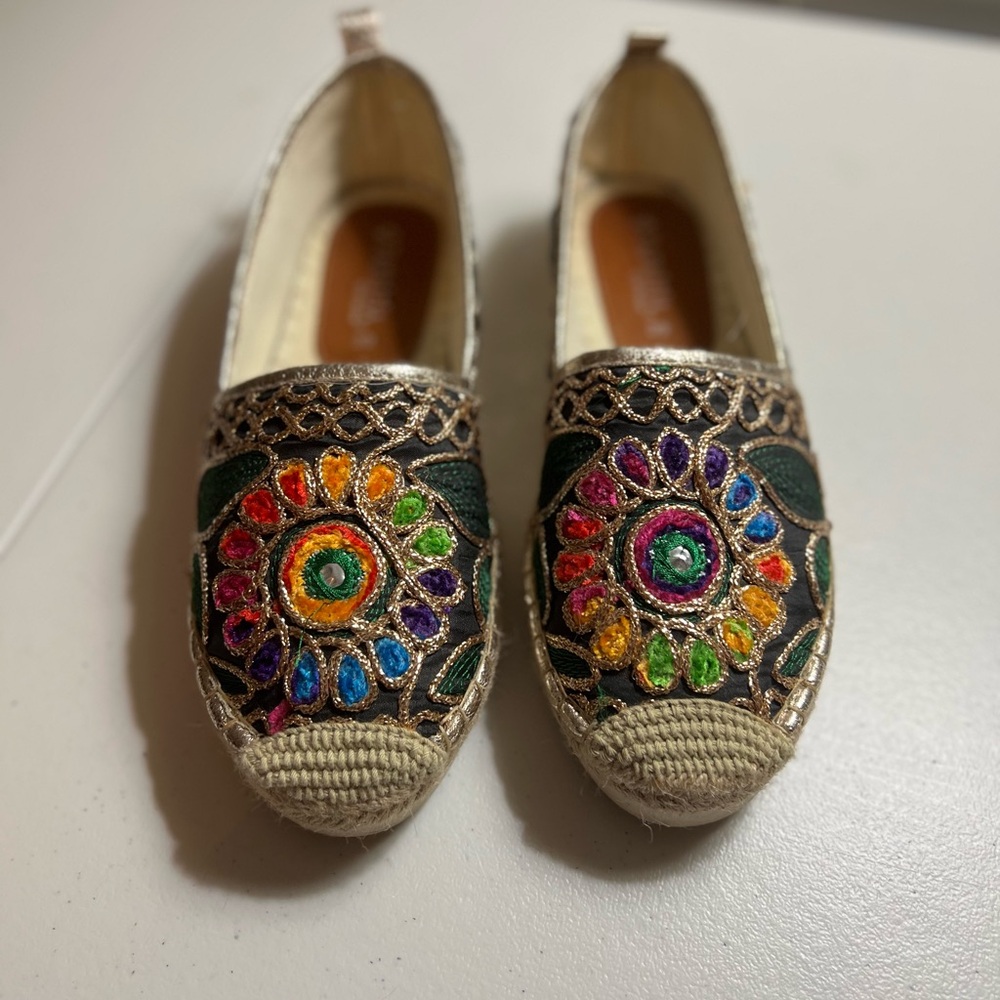 Embroidered Black Multicolor Espadrille Flats